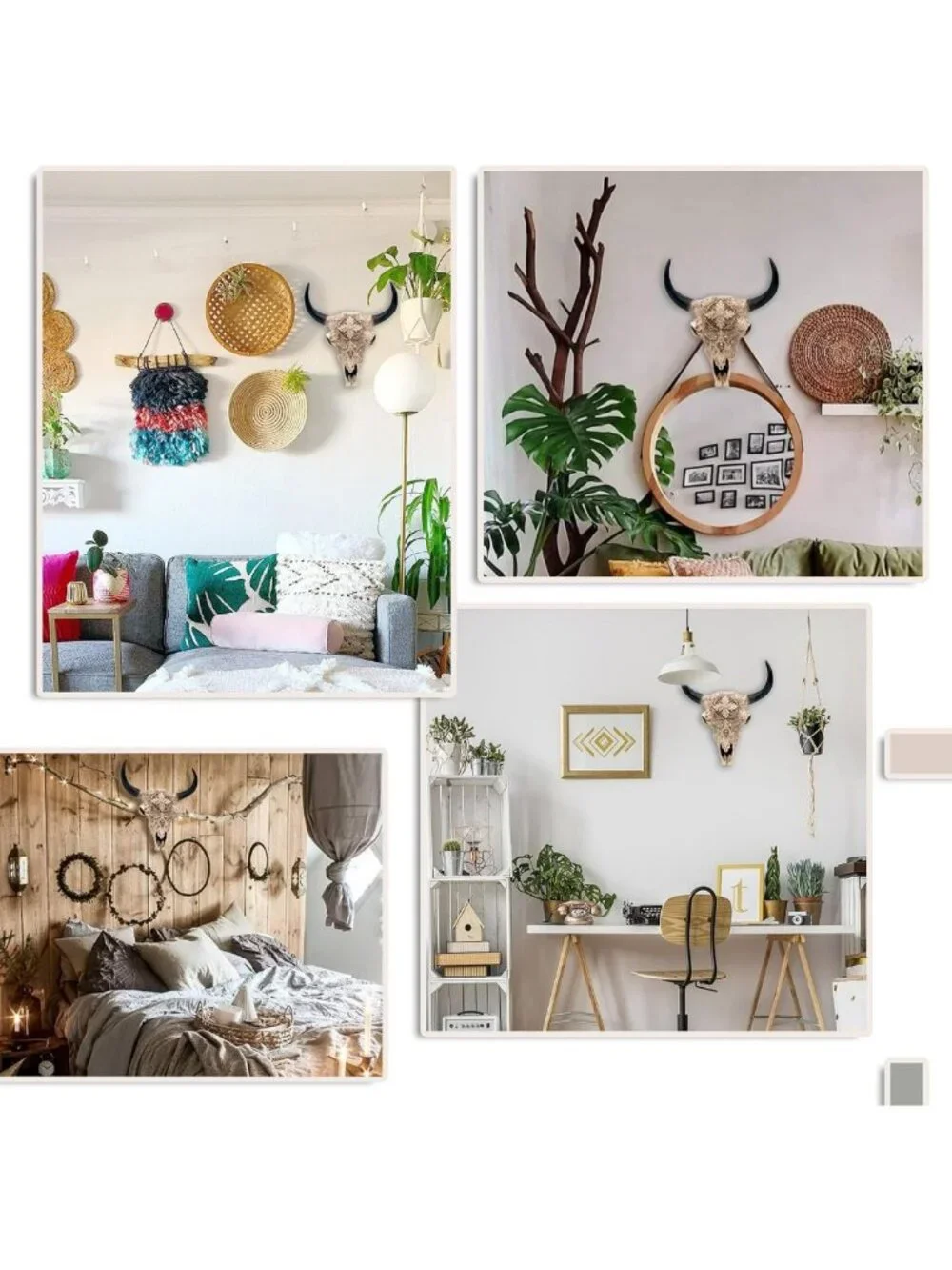 Boho Cow Skull Wall Decor - 9.3” Faux Bull Skull Resin Ornament for Western